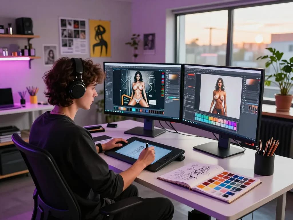 Creating AI porn artwork in a vibrant digital art studio with futuristic elements and modern tools.